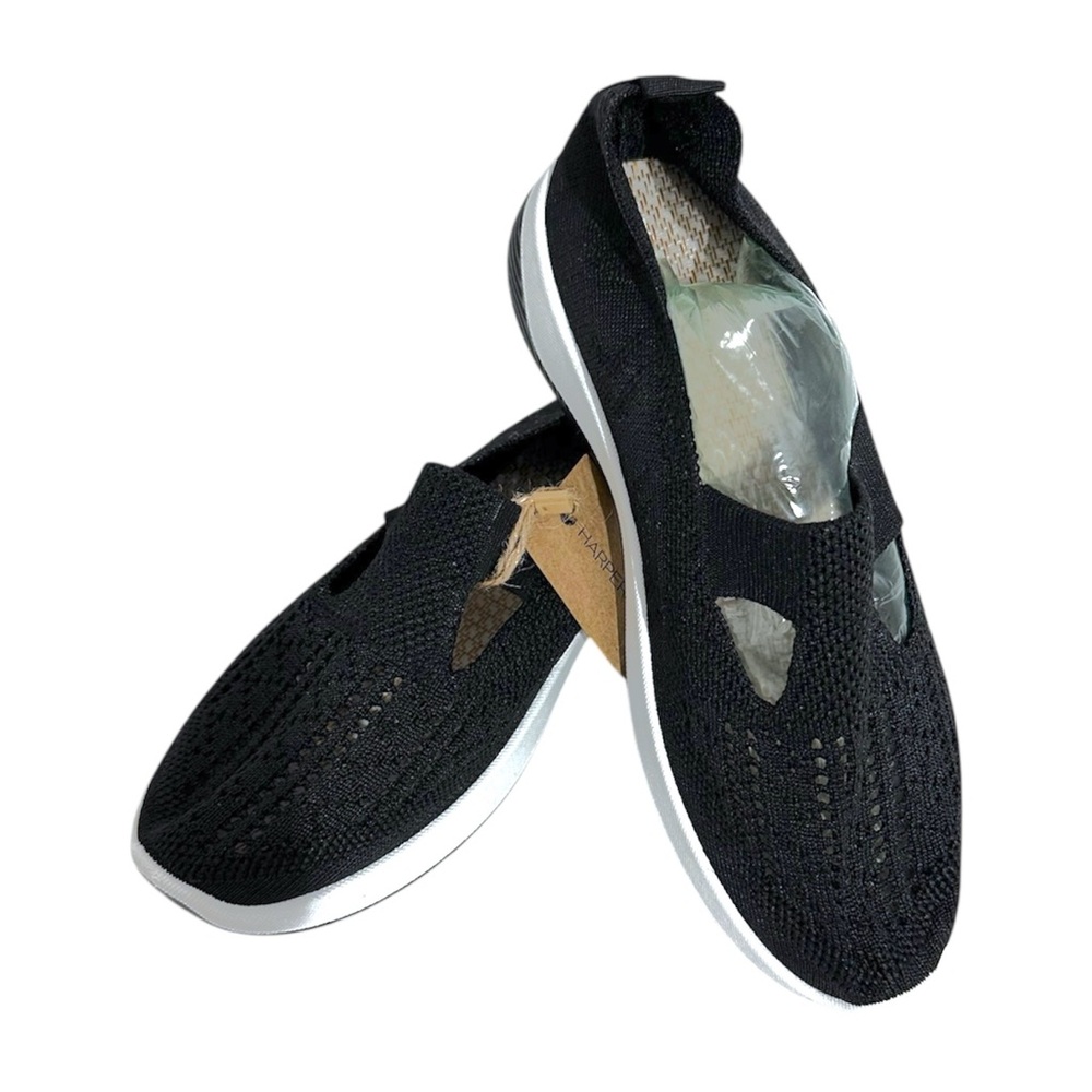 NWT Harper & Lane Black Knit Alice Slip-On Sneakers White Sole Casual Shoes